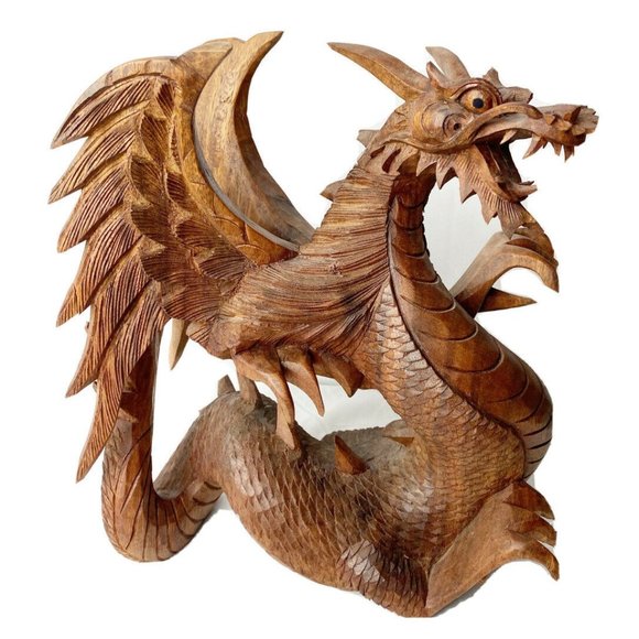 Wood Carved Flying Dragon Fantasy Large 12” X 12” - Picture 1 of 9